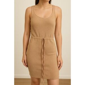 Waffle Knit Mini Dress Sleeveless Drawstring Waist‎ Tan Casual Summer